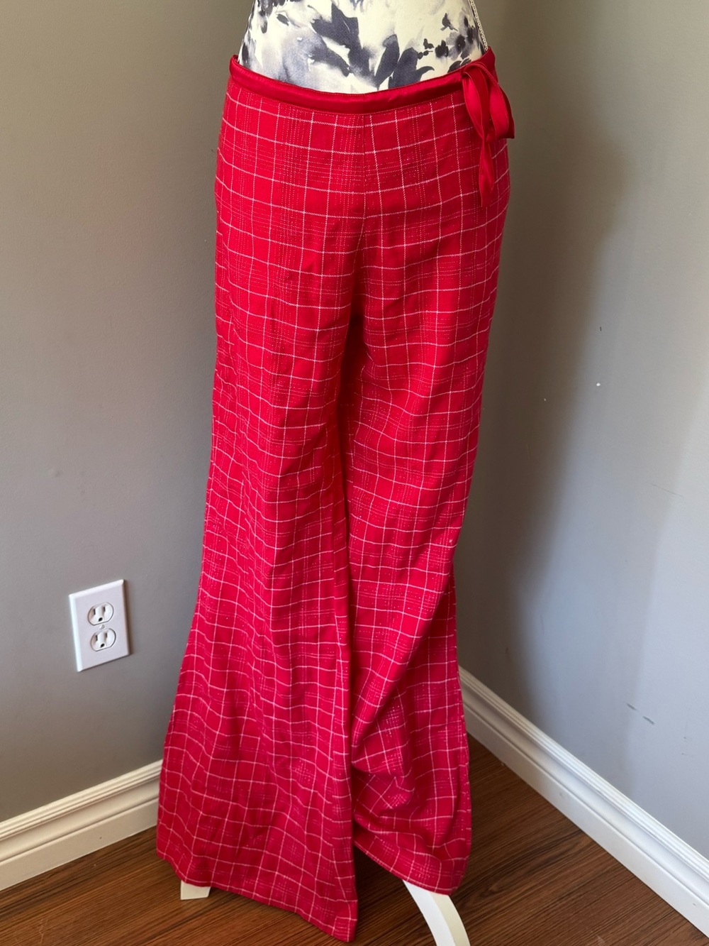 Y2K La SENZA Red Grid Pattern Wide Leg Pants With Side Tie